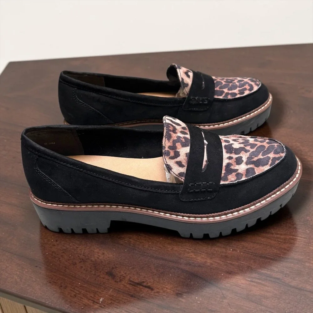 Jellypop Womens Black Leopard Print Lug Sole Penny Loafers Platform Shoes 9.5M
